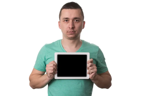 Man Showing Blank Taplet Pc On White Background — Stock Photo, Image