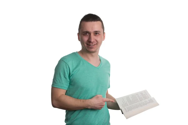 Man Pointing To Book Isolated On White Background Stock Photo