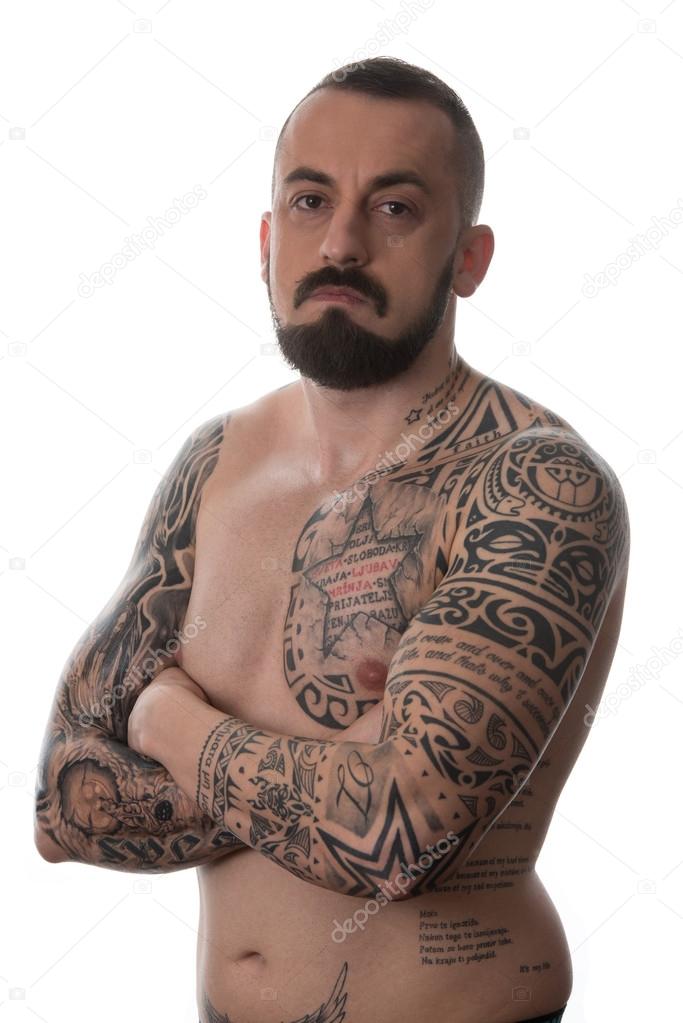 Man With Tattoo And Beard On White Background