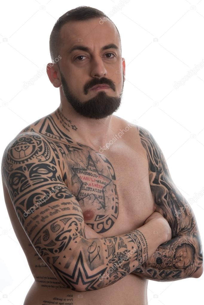 Man With Tattoo And Beard On White Background