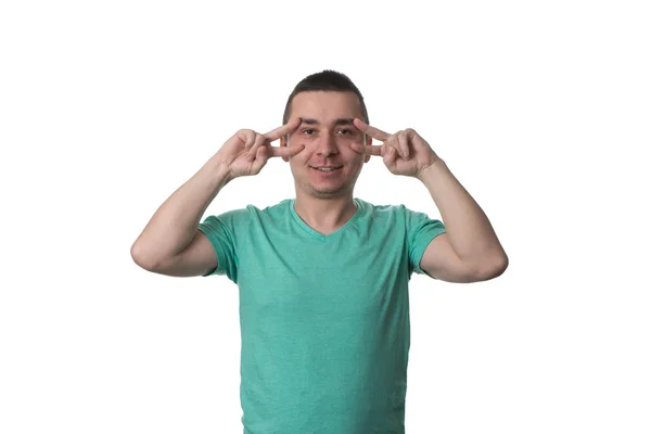 Young Man In Showing Victory Or Peace Sign — Stock Photo, Image