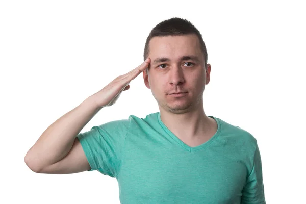 Young Man Saluting Isolated On White Background — Stock Photo, Image