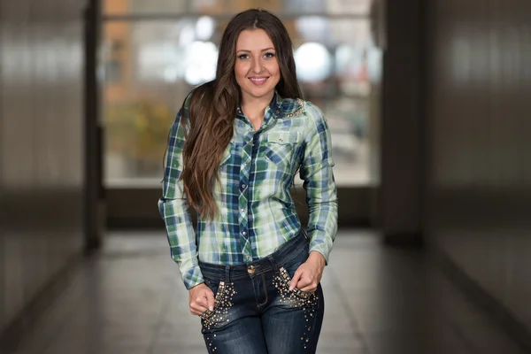 Glamour Fashion Model Wearing Blue Pants And Shirt — Stock Photo, Image