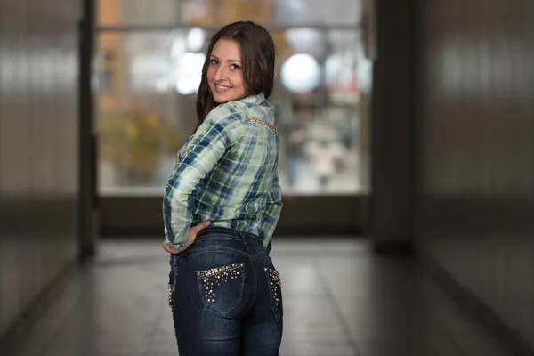 Glamour Fashion Model Wearing Blue Pants And Shirt — Stock Photo, Image