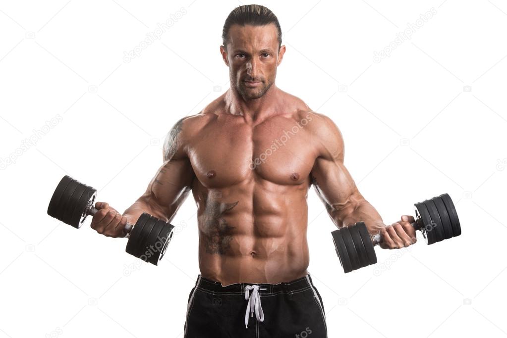 Man Working Out With Dumbbells On White Background