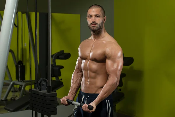 Bodybuilder masculin faisant l'exercice lourd de poids pour des biceps — Photo