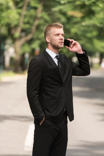 Zakenman praten over telefoon buiten In het Park — Stockfoto