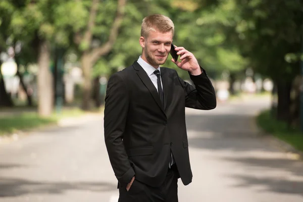 Uomo d'affari che parla al telefono all'aperto nel parco — Foto Stock
