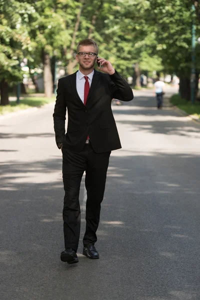 携帯電話を使用しながら公園で屋外を歩くビジネスマン — ストック写真