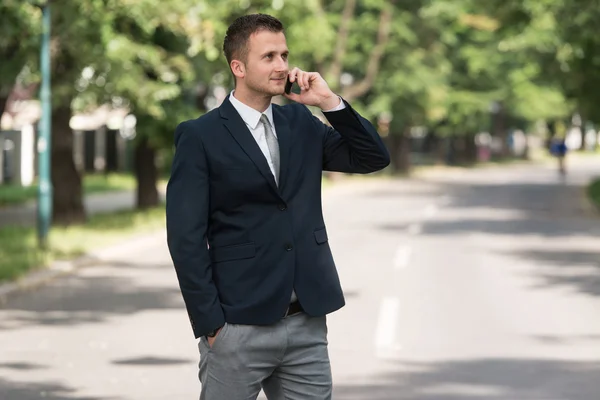 Giovane uomo d'affari al telefono all'aperto nel parco — Foto Stock