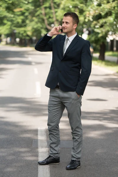 Zakenman praten over telefoon buiten In het Park — Stockfoto