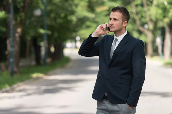 Biznesmen rozmowy na telefon na świeżym powietrzu w parku — Zdjęcie stockowe