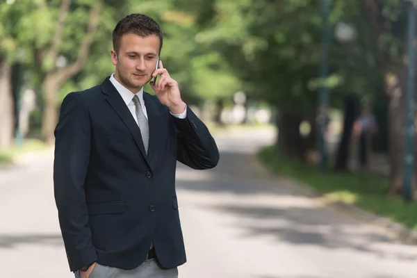 Giovane uomo d'affari al telefono all'aperto nel parco — Foto Stock