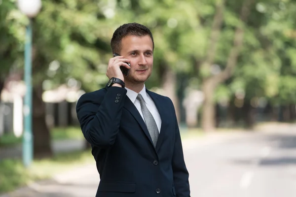 Biznesmen rozmowy na telefon na świeżym powietrzu w parku — Zdjęcie stockowe