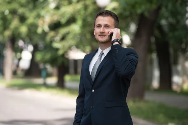 Mladý podnikatel na telefonu venku v parku — Stock fotografie