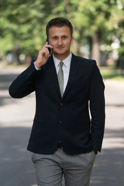 Zakenman buiten wandelen In het Park tijdens het gebruik van Mobilephone — Stockfoto