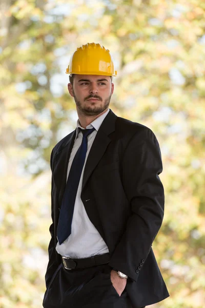 Portrait Of Happy Young Foreman With Hard Hat — Stock Photo, Image