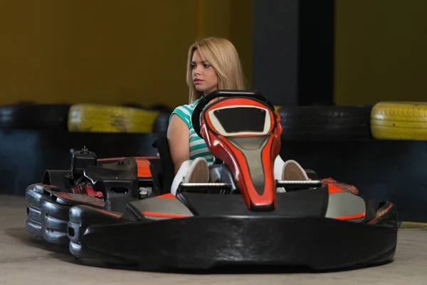 Woman Is Driving Go-Kart With Speed In Karting — Stock Fotó