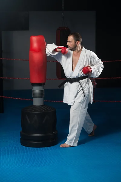 Uomo in kimono bianco e cintura nera formazione karate — Foto Stock