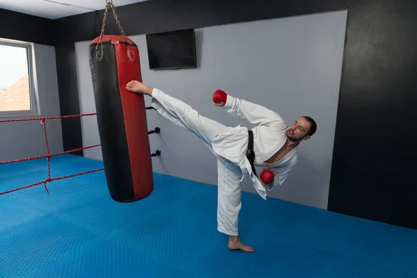 Zwarte gordel karate expert met strijd houding — Stockfoto