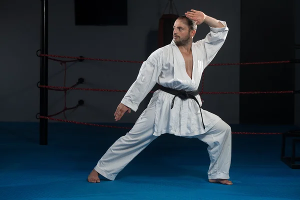 Svart bälte karate expert med kampen hållning — Stockfoto