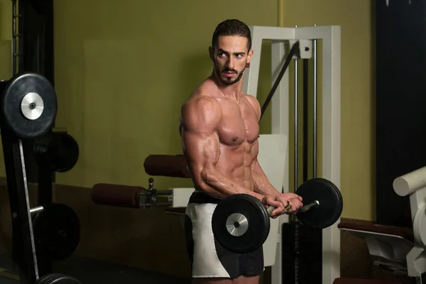 Muscular Man Exercising Biceps With Barbell — Stock Photo, Image