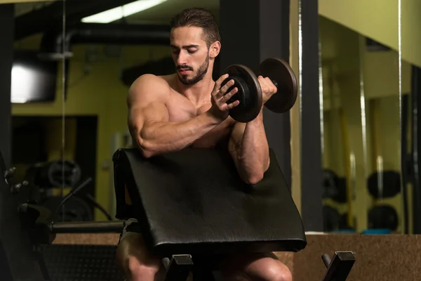 Hombre muscular ejercitando bíceps con mancuerna —  Fotos de Stock