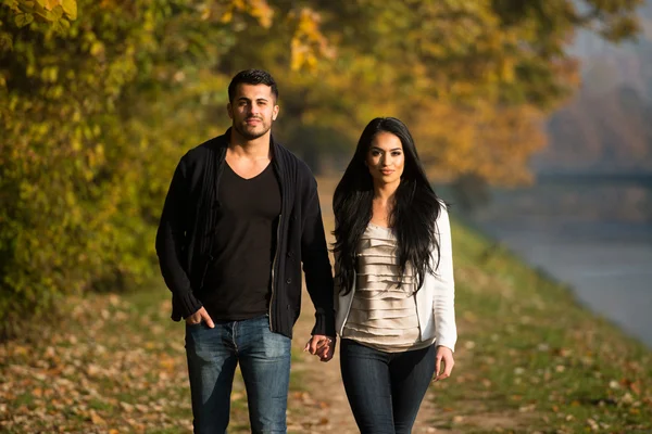 Paar hält Händchen und geht im Wald spazieren — Stockfoto