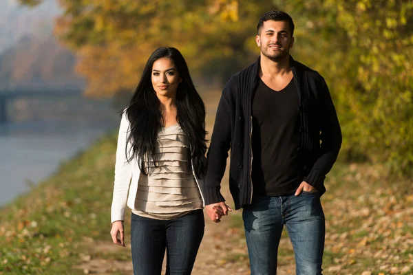 Young Couple Walking In Autumn Forest — Stock Photo, Image