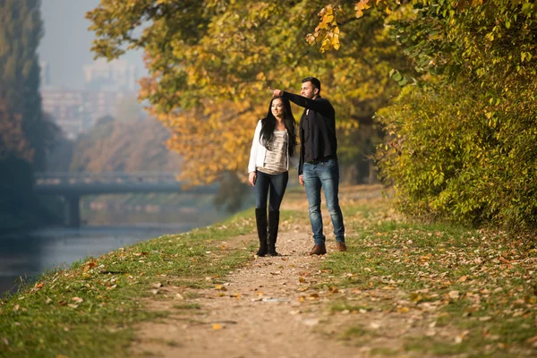 Jovem casal caminhando na floresta de outono — Fotografia de Stock