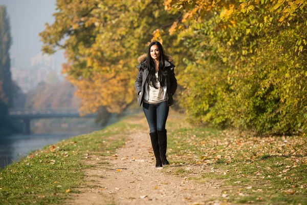 Atrakcyjna kobieta spaceru w lesie jesienią — Zdjęcie stockowe