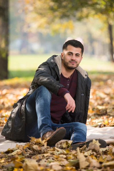 Portret van de knappe jongeman In herfst Park — Stockfoto