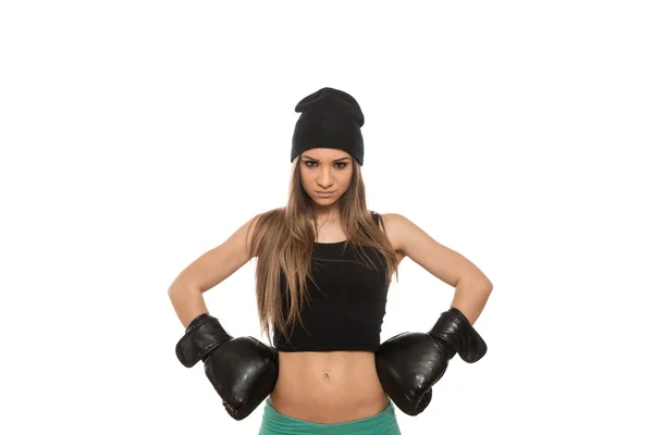 Mujer con guantes de boxeo aislado sobre fondo blanco — Foto de Stock