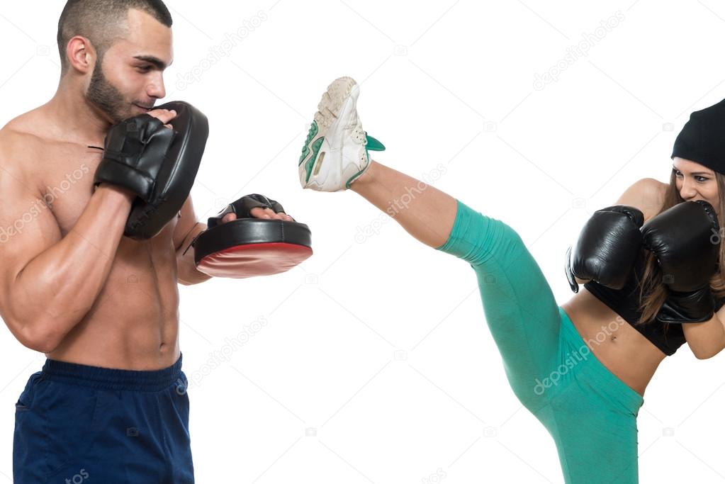 Boxing Couple Against White Background