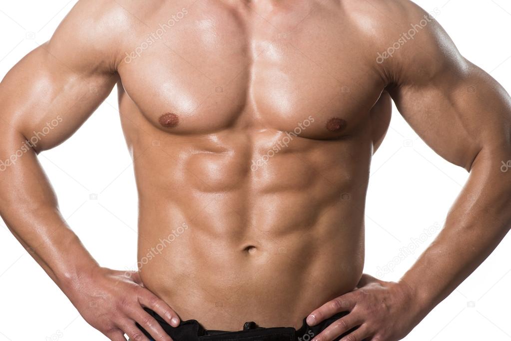 Man With Six Pack Close-up Over White Background