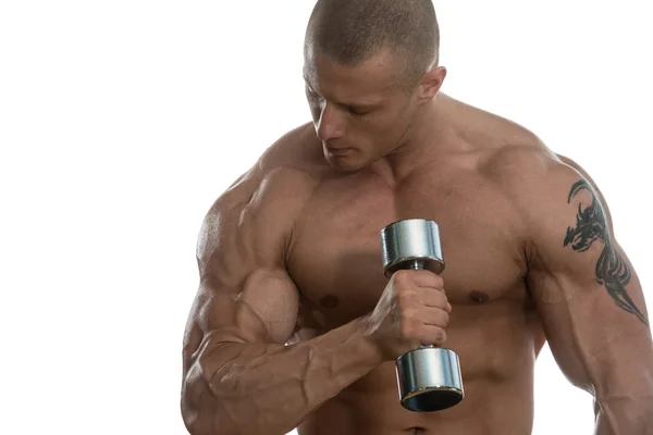 Hombre haciendo ejercicio con sombrillas sobre fondo blanco —  Fotos de Stock