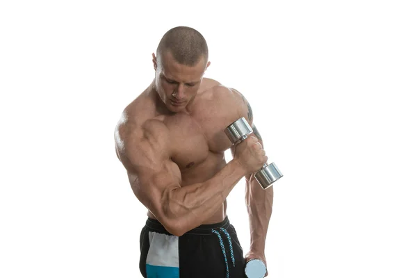 Beyaz arka plan üzerinde dumbbells ile çalışma dışarı adam — Stok fotoğraf