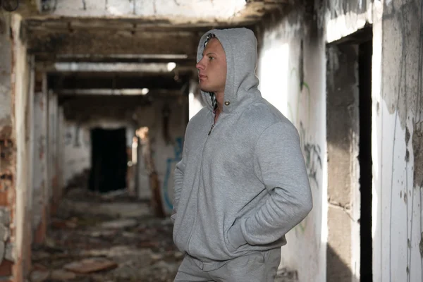 Portrait Of A Man Posing In Abondend Ruins — Stock Photo, Image