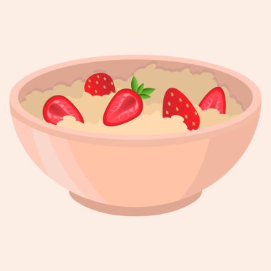 Pembe yulaf lapası ve taze kesilmiş çilek illüstrasyonu..