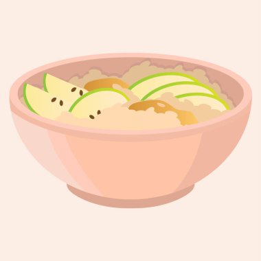 Taze yeşil elma ve ballı pembe yulaf lapası illüstrasyonu.