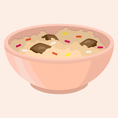 Çikolata ve çikolata parçacıklı pembe yulaf lapası illüstrasyonu.