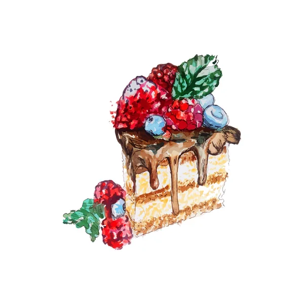 Kuchenscheibe mit Schokolade und Früchten — Stockvektor