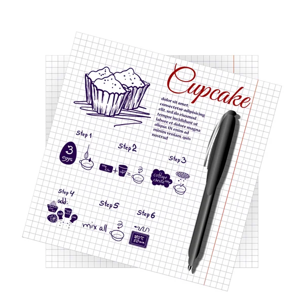 Recette de cupcake dans la page du bloc-notes — Image vectorielle