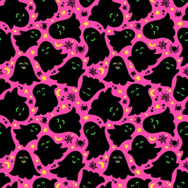 Kara Hayaletler Cadılar Bayramı Şirin İllüstrasyon Vektör Kusursuz Neon Pembesi Komik Arkaplan. Parti Paket Kağıdı ya da Duvar Kağıdı Tasarımı