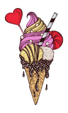Colorful Ice Cream Cone with Candy Festive Birthday Isolated Illustration with Grainy Texture, Pastry Sweet Bakery Drawing