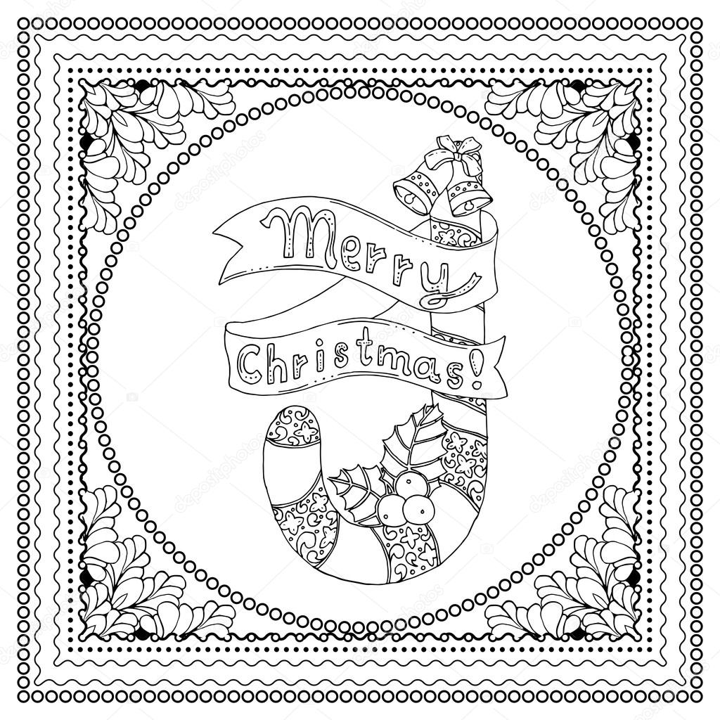 Black vector mono color illustration for Merry Christmas and Happy New Year 2016 print design Coloring book page design for adults or kids