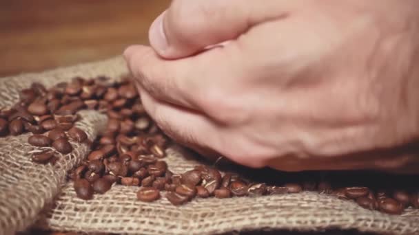 Zeitlupe Männliche Hand Greift Nach Gerösteten Kaffeebohnen — Stockvideo