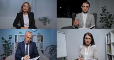 İş kadını Skype konferansı sırasında iş arkadaşlarıyla not defterleriyle konuşuyor 