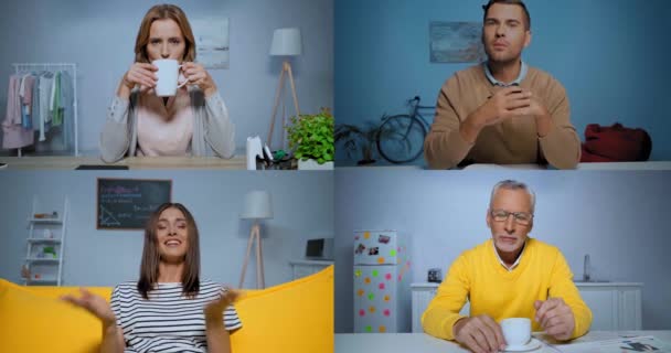 Collage Amigos Hablando Tomando Café Skype Casa — Vídeo de stock