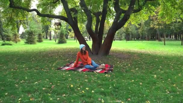 Szczęśliwa Kobieta Jesiennych Ubraniach Siedzi Kocu Kratę Pod Drzewem Parku — Wideo stockowe